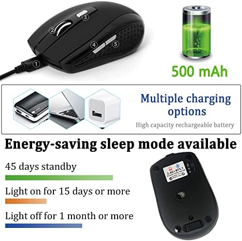 Безжична мишка KASOTT Bluetooth, Ергономична Безжична Компютърна Мишка 2,4 G с регулируема резолюция от 2500 dpi, 6 Бутона, Безжична