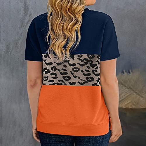 Блуза, Тениска за Жени С Къс Ръкав и Кръгло Деколте Лодка Памучен Блуза с Графичен Леопардовым Принтом в Ивицата Оверсайз OE