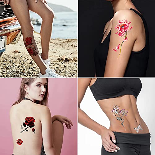 38 Листа на Временни татуировки с цветя, 3D Рози, Пеперуди и Разноцветни Временни Татуировки в Смесен стил на Боди арт, за жени, Момичета или