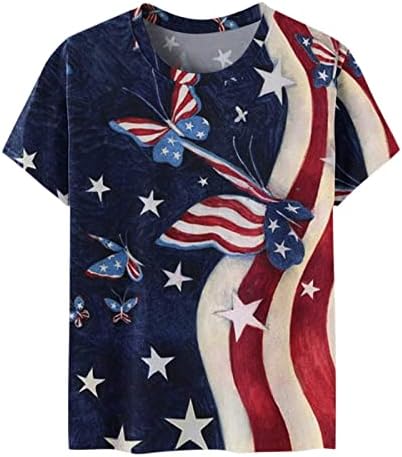 Дамска Блуза с Кръгло Деколте и Къс Ръкав 2023 Памук Американски Флаг на Графичен Основен Обяд Топ Риза за Дами AB