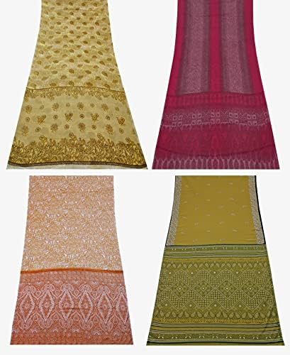 Многоцветни Реколта Сари Peegli Опаковка от 4 Текстилни тъкани от смес от Жоржета Със Смесен модел, Сари за бродерия
