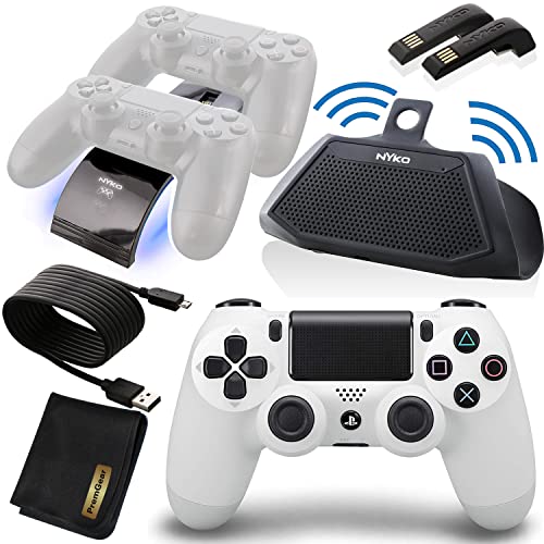 Безжичен контролер Glacier White и Sony PS4 DualShock 4 за PlayStation 4, в комплект с докинг станция за бързо зареждане с двете