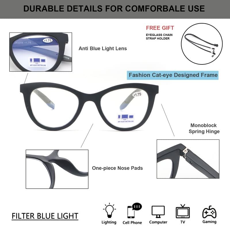 UNTAMID, 3 опаковки на Очила за четене, Нападение от Синя Светлина, за жени, Дизайнерски Рамки Котешко око, Женски Компютърни Ридеры с Гъвкави