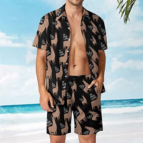 Без проблеми, Лама със Слънчеви Очила, Мъжки Хавайски Комплект от 2 теми, Тениски Свободно Намаляване на Копчета, Ризи, Плажни