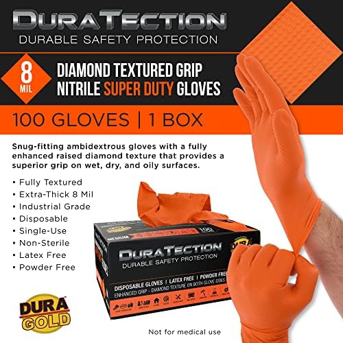 Ръкавици за еднократна употреба от нитрил с твърда консистенция Dura-Gold Duratection 8 Mil Оранжев цвят с диамант текстура, без латекс и