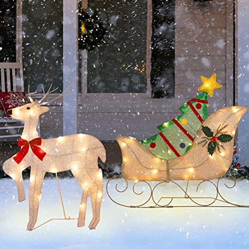 На РАЗСЪМВАНЕ Осветени Коледни Оленьи Сани Външно Украса на Двора, 50 Светлини Външно Украса Коледен Елен, Външно Осветени Празнична