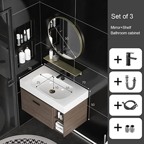 Комплект мебели за баня FIFOR от 4 теми, Стенно Огледало за грим и Бръснене, Плаващ Гардероб, Шкаф за мивка, Шкаф за съхранение под мивката (Цвят: кафяв размер: 70 см)