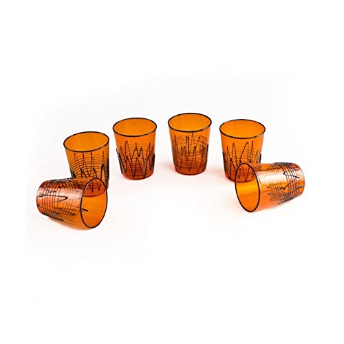 Муранское стъкло, Шест Оранжеви Чаши С Черни детайли, изделия от Стъкло, ръчно изработени Произведения на изкуството от Бластване стъкло,