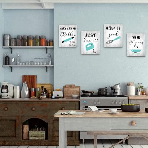 Creoate Тюркоаз с Кухненски Платно на Стенно Изкуство, 4 бр. Забавни Песни за Правилата кухня за Декора на стените на Кухнята,