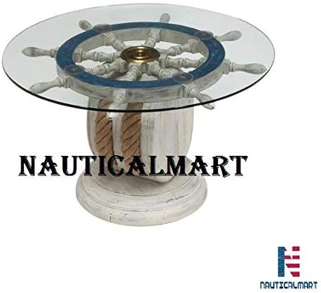 NauticalMart Уникално дървено колело на кораба, декоративна масичка за кафе в морската тема.