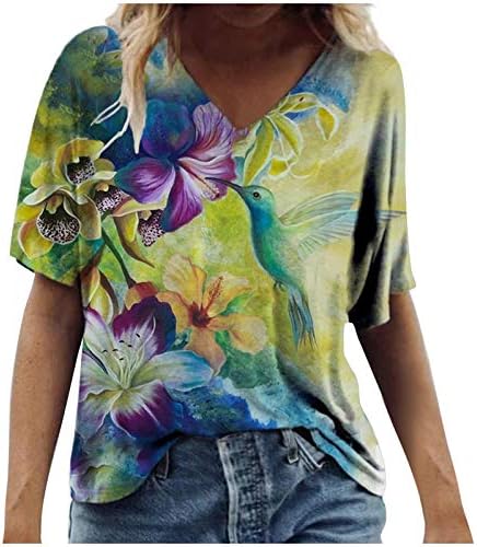 Тениски с Флорални и Инфинити Принтом, Дамски Блузи с Къс ръкав, Свободна Ежедневни Класическа Блуза с V-образно деколте за Момичета