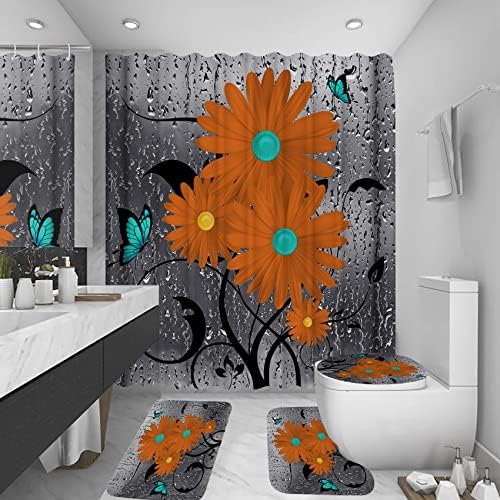 Guassi 4 бр., Комплекти Завеса за душ с orange Лайка, Нескользящие Подложки, Капака на Тоалетната чиния и подложка за Баня,