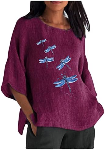 Летни Блузи с шарени Кончета 2023 с 3/4 ръкав, Ежедневни Свободна Блуза от памук и лен, с кръгло деколте и бельо подплата