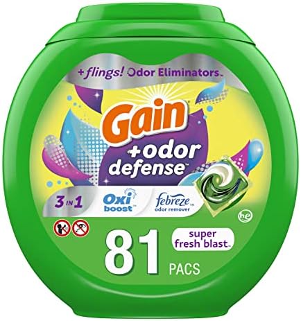 Опаковки прах за пране Gain Flings със защита от миризмата, съвместими с HE, 3в1 с Febreze и Oxi, с аромат на Super Fresh