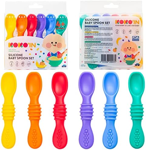 Комплект силиконови детски лъжици KOKO'IN – Комплект от 6 бр. Лъжици за хранене на бебета – Меки лъжици от хранително-силикон