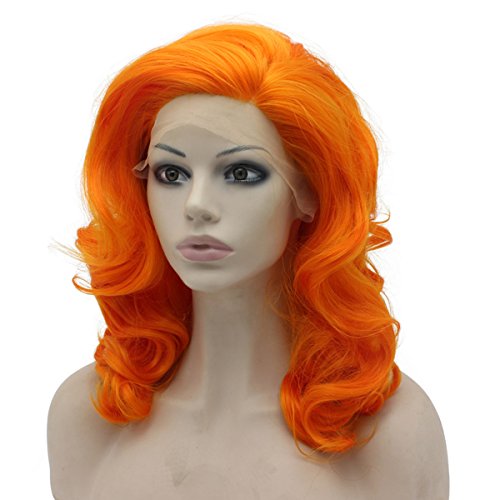 Mxangel средна дължина на вълнообразни огнеупорни перука от влакна стилен оранжев цвят на дантели отпред за костюм