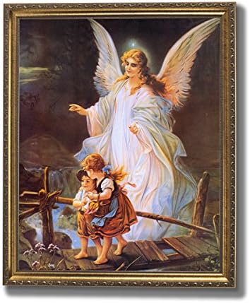 Ангел-пазител, който предпазва децата на моста, Религиозен арт принт 16x20 златна рамка + Стъкло, ЧУДЕСЕН подарък за кръщене!
