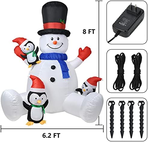 Lvydec Осветен Надуваем Снежен човек Коледна украса Външно - 8-крак Надуваем Снежен човек с вградени led фенери и 3 Малки Пингвини за Коледната