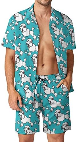 Хавайски Комплект за мъже с кучета Пудел и Лапой, Комплект от 2 теми, Ризи с Копчета и Къс Ръкав, Плажни Панталони, Тениски Свободно,