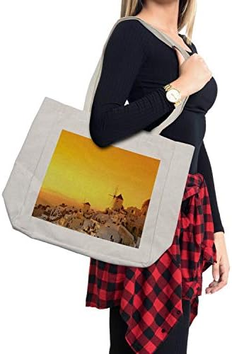 Чанта за пазаруване Ambesonne Гърция, Село Сънсет Иаз на остров Санторини, Средиземноморски Лятна почивка, Дългогодишна