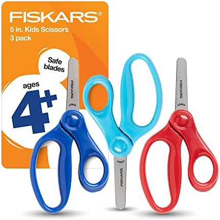 Детски Ножици Fiskars Ножица за училище, Безопасни ножици, Ножици с Тъп връх, 5 Инча, 3 опаковки, Червено, Синьо, Тюркоаз