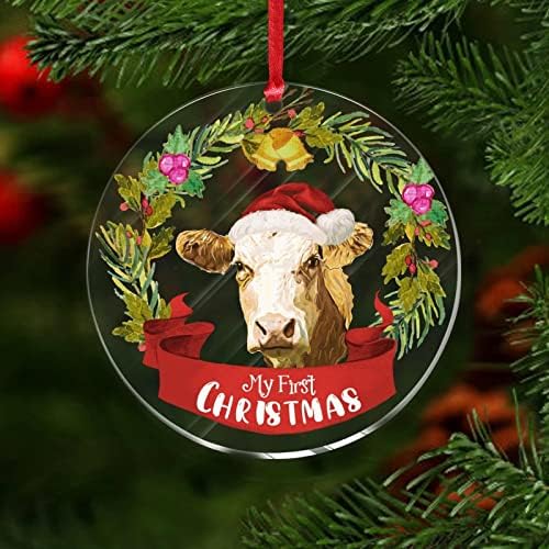Моят 1-ия Коледен Прозрачен Кръг Акрилни Коледа Коледа Орнамент Ферма с фермата на животните е Животно, една Крава Висящи