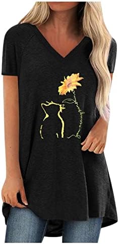 Блуза, Тениска за Момичета 2023 с Къс Ръкав Vneck Памук Слънце Котка на Слънчогледа Цветен Графичен Салон Сладка Тениска FT