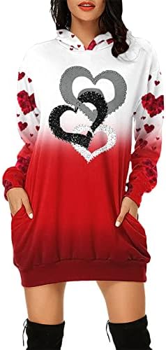 mmknlrm Дамски дълга hoody с качулка с принтом за Свети Валентин, ден за ден пуловер с дълъг ръкав, рокля-hoody с джобове (светло розово, XL)