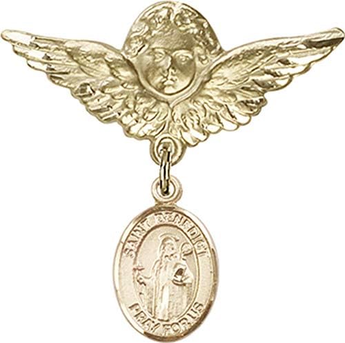 Иконата на детето Jewels Мания за талисман на Свети Бенедикт и икона на Ангел с крила | Икона детето си от 14-каратово злато с талисман