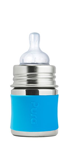 Детска бутилка Пура Кики 5 мл /150 мл Против Колики от неръждаема стомана със Силикон естествена вентилация соской и ръкав, Не съдържа