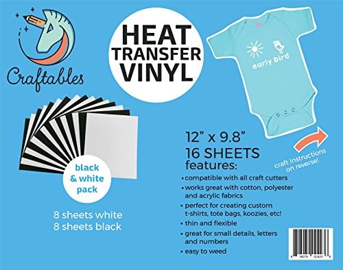 Craftables Теплопередающий винил от черно-бял комплект от 12 x 9,8 - (16) - Листа, Цветен опаковане в различни цветове - Vinyl тениска,