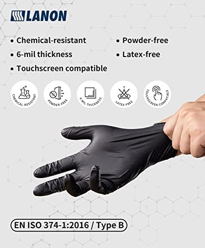 Ръкавици за еднократна употреба LANON 6 mil от черно Нитрил, Химически Устойчиви EN ISO 374, Тежкотоварни, Механични, С текстурированными