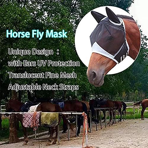 Маска за езда от мухи Супер Удобна маска за коне с еластични уши Маска за езда от мухи с защита от uv (Черно-Малко)