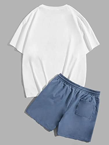 Мъжко облекло от две части, мъжка тениска с изразителен принтом и къси панталони с завязками на талията (Цвят: синьо и бяло Размер: