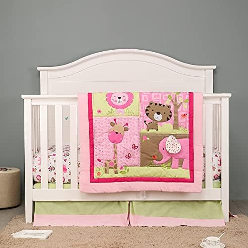 Комплект спално бельо за детски легла в стил Сафари с розови Животни, Комплект Спално бельо за Малко Момиче, Слон, Жираф, Лъв, Тигър,