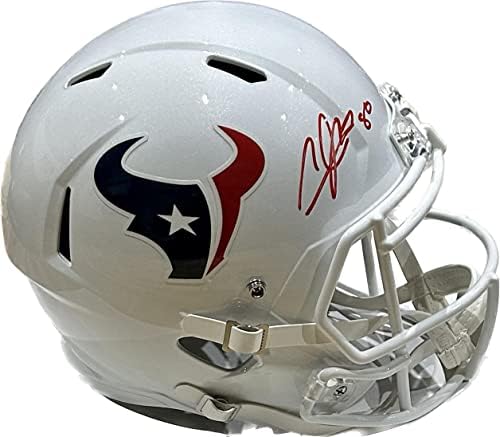 Бяла пълен размер Каска с автограф Андре Джонсън от Хюстън, щата Тексас, JSA - Каски NFL с автограф