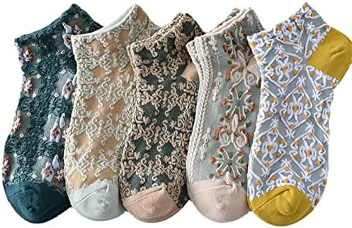 Жите 5 чифта цветни чорапи Дамски скандинавските ивици канава цвете памучни чорапи, момичета, ретро сладък цветен сладки чорапи