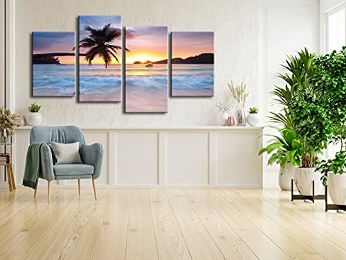 Pyradecor Sunrise Плажна тема Голям Морски пейзаж от 4 теми, Giclee, Печат върху платно, Стенно Изкуство, Модерна Галерия, Увити в Океана