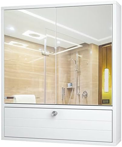 Шкаф за баня с Двойни Огледални врати, Стенни Дървени рафтове за съхранение, Бели мебели за баня (Цвят: A, размер: както е показано)