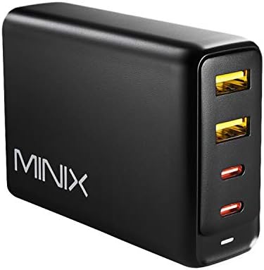 Стенно зарядно устройство MINIX 100W Turbo с 4 порта GaN, 2 адаптер бързо зареждане USB A 3.0, 2 захранващ адаптер, USB-C, съвместима