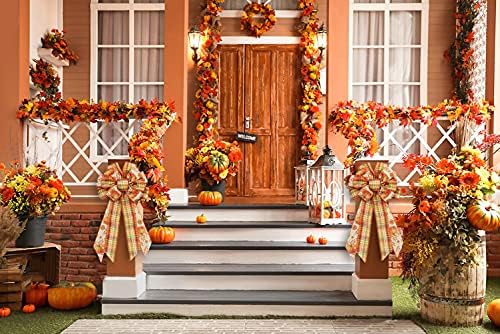 Голям Есенен Венец с Тыквенным Лък за Деня на Благодарността, Есента, Жълто-Оранжево Каре Панделки за Фермерска къща, Венец