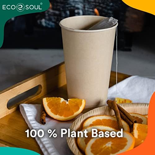 ECO SOUL Компостируемый растителен нишесте 16 унции горещи чаши с компостируемыми капаци | Еднократна употреба Хартиени чашки за