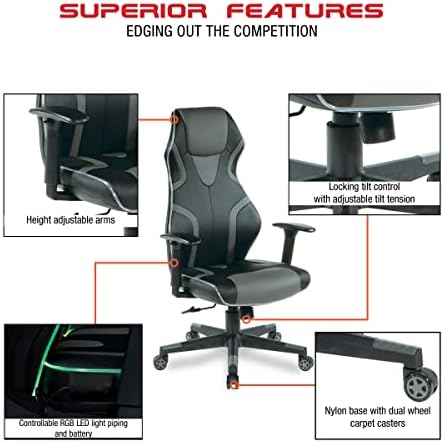 Игралното стол OSP Home Furnitures Измамник с висока облегалка и led подсветка, от черна изкуствена кожа, с червена тапицерия и вложки