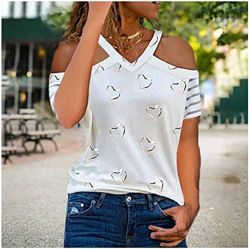 Nxxyeel Върхове с открити рамене за жените, Женска Тениска с Къс Ръкав, V-образно деколте, Ежедневни Тениски в Ивица с Принтом