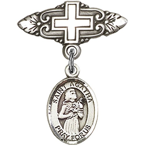 Детски икона от Сребро с Чар Света Агата и Игла за Икона с Кръст 1 X 3/4 инча
