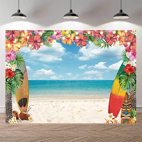 Плажен Фотофон Годишният Фон за парти Алоха Luau на Хаваите Тропически Цветя, Палми, Синьо Небе Океан Декор Банер, за да проверите