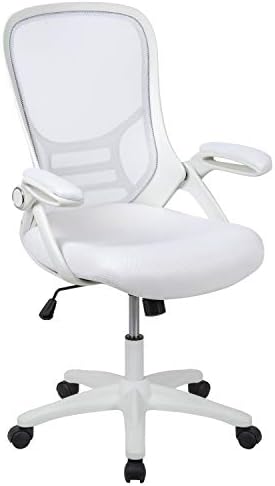 Ергономичен Офис стол с висока облегалка от бяла мрежа Flash Furniture с Бяла рамка и откидывающимися подлакътници 26,5