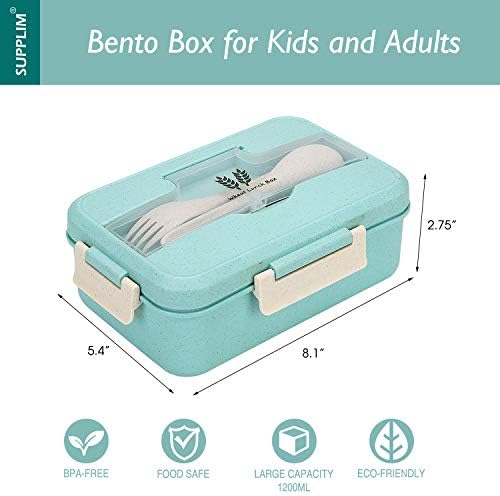 Кутия за закуска Supplim Bento Box За Деца и възрастни С 3 Отделения, Херметически Контейнер за храна От Пшеница влакна С Лъжица