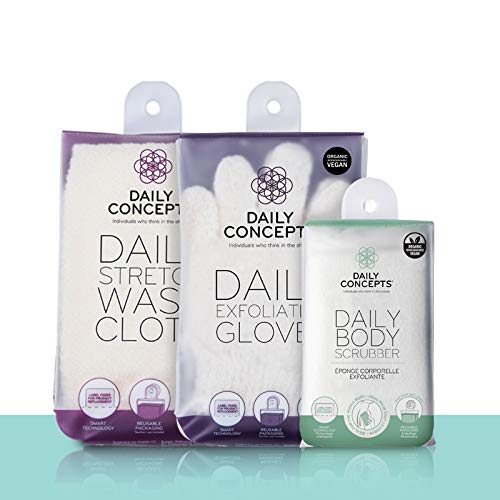 Основите за грижа за тялото от Daily Concepts - Дневен Скрубер За тяло + Ежедневно Гъвкава Кърпа за миене + Дневна Ексфолиращи Ръкавици