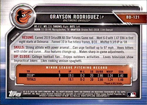Бейзбол в драфте Боумена 2019 BD-121 Грейсън Родригес Балтимор Ориълс Официалната търговска картичка MLB, издаден Topps